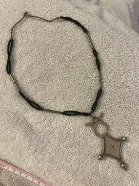 🐻Cool Taureg Compass Cross Metal Pendant on Black Beaded Necklace